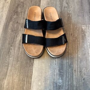 Vionic Black Double Strap Slides with metallic trim